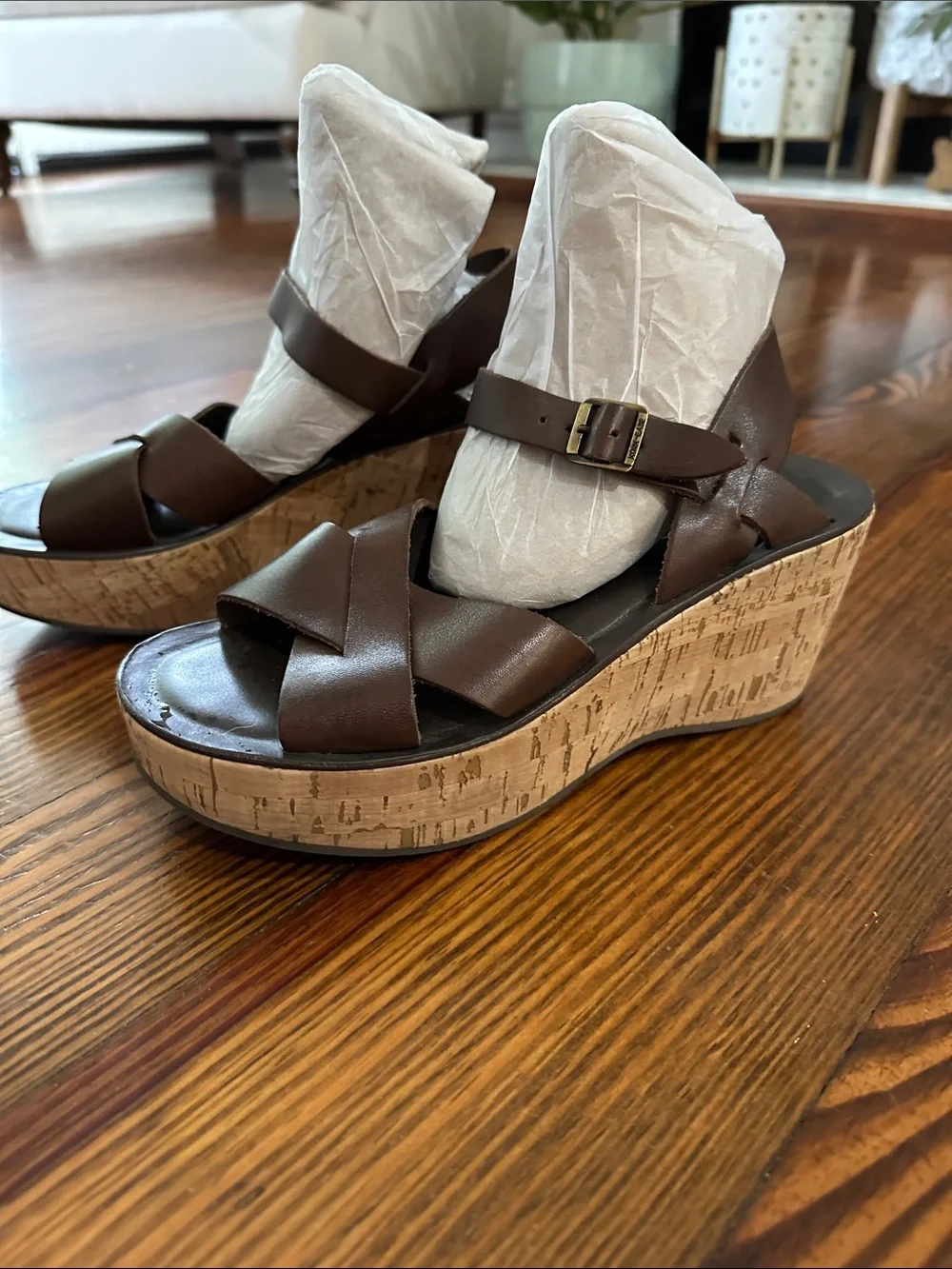 Kork-Ease Dark Brown Leather Cork Wedge Sandals